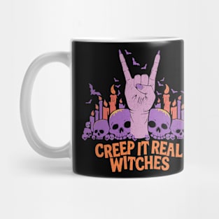 Creep It Real Witches Design: Rock Sign with Skulls and Candles - Fun Halloween Art Mug